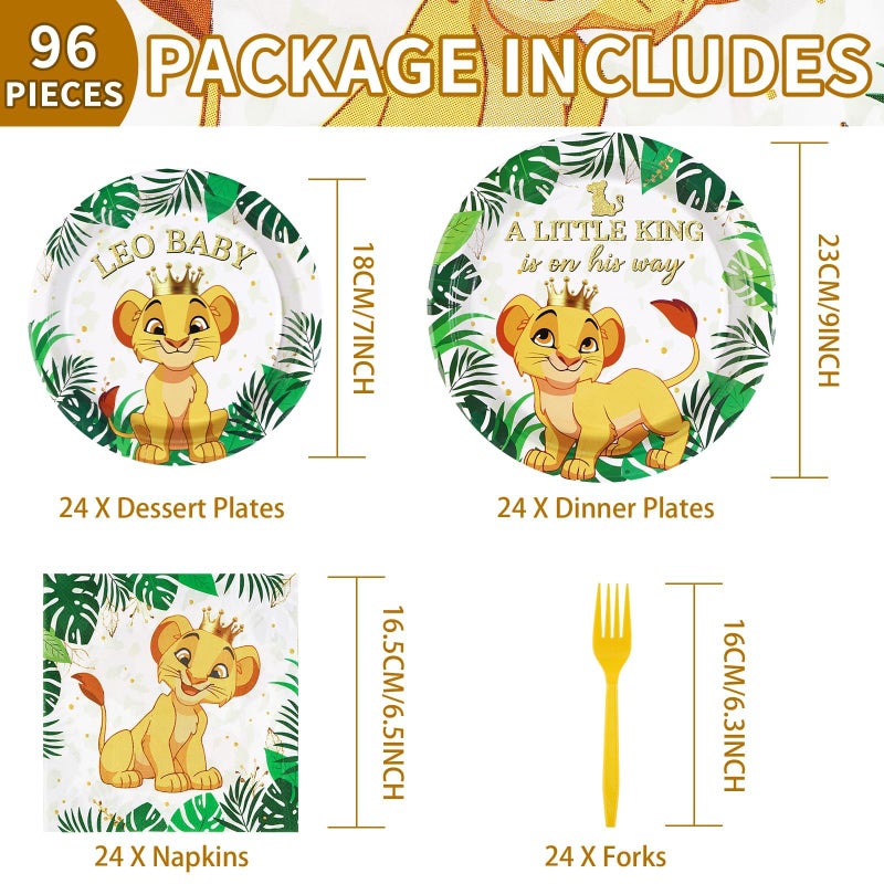 Grencian 96 PCS Lion Baby Shower Supplies - 350GSM Jungle Lion Party Plates, Napkins & Tableware Sets - A Little King is on His Way - Safari Baby Shower Birthday Party Favors - Serves 24 - Image 2