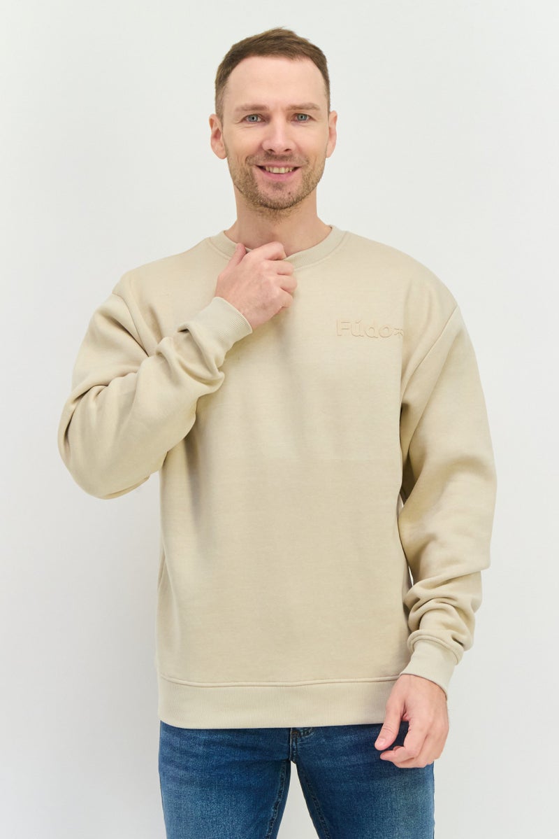 Fudo Men Crew Neck Long Sleeve Graphic Print Sweatshirt, Beige - Image 1