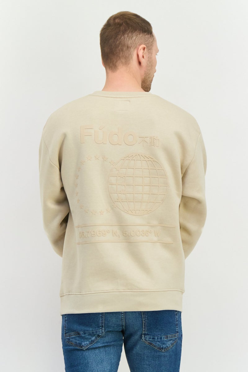 Fudo Men Crew Neck Long Sleeve Graphic Print Sweatshirt, Beige - Image 2