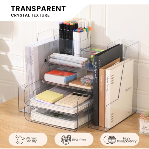 CiWiVOKi Desk Organizer with 2 Vertical File Holder, 4 Tier Stackable Paper Letter Tray File Organizer with 5-Compartments Pen Holder, Clear Desktop Organizer Office Organization and Storage - Image 3