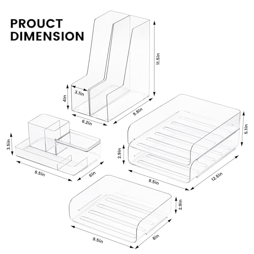 CiWiVOKi Desk Organizer with 2 Vertical File Holder, 4 Tier Stackable Paper Letter Tray File Organizer with 5-Compartments Pen Holder, Clear Desktop Organizer Office Organization and Storage - Image 2
