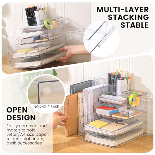 CiWiVOKi Desk Organizer with 2 Vertical File Holder, 4 Tier Stackable Paper Letter Tray File Organizer with 5-Compartments Pen Holder, Clear Desktop Organizer Office Organization and Storage - Image 4