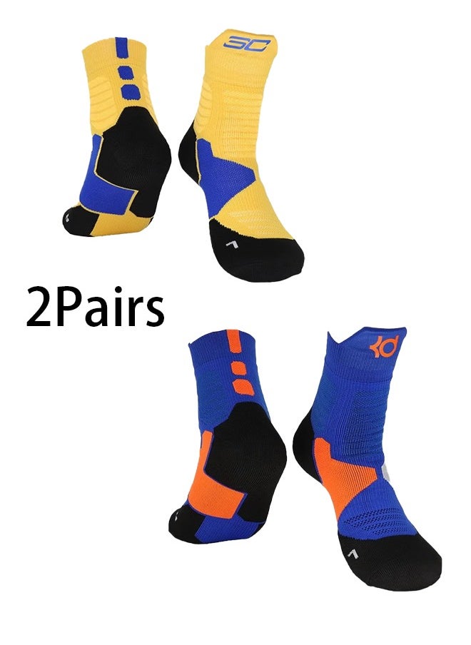 Unewshi 2 pairs Elite Basketball Socks Cushioned Athletic Breathable Mid Socks, Compression Sports Training Thick Socks for Men Boys Blue/Orange  - Image 1