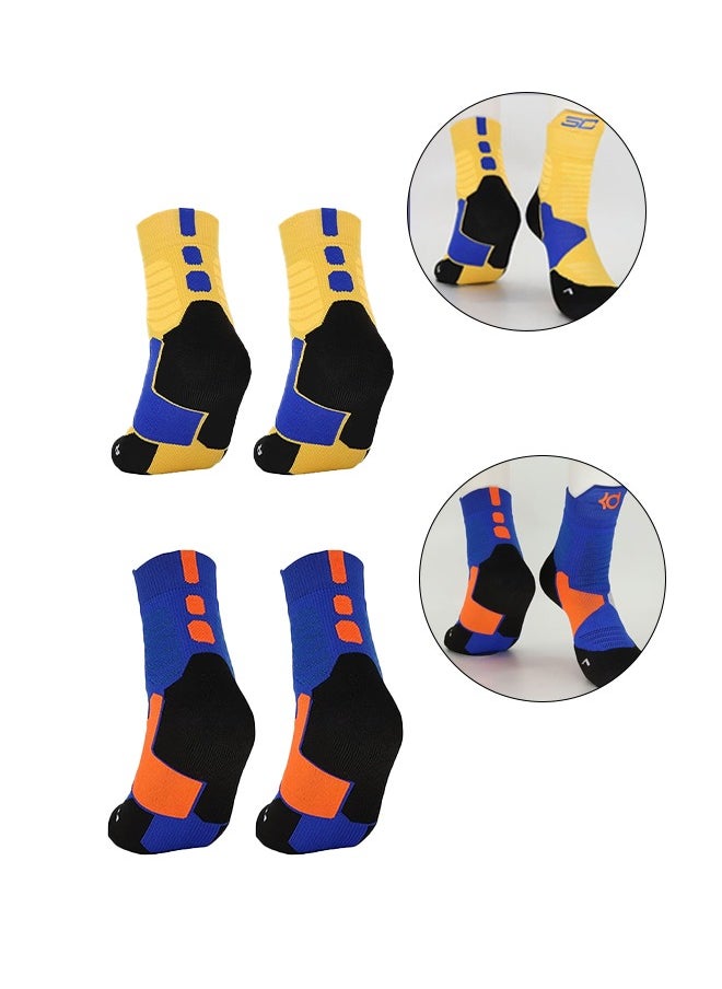 Unewshi 2 pairs Elite Basketball Socks Cushioned Athletic Breathable Mid Socks, Compression Sports Training Thick Socks for Men Boys Blue/Orange  - Image 2