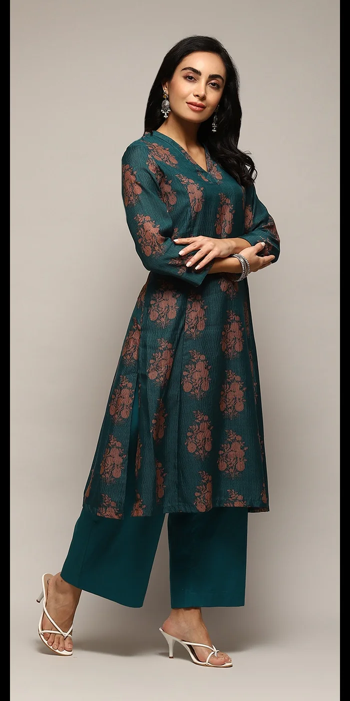 بيبا مجموعة بدلة كرتا بالاسو مطبوعة باللون الأخضر بوليستر على شكل A