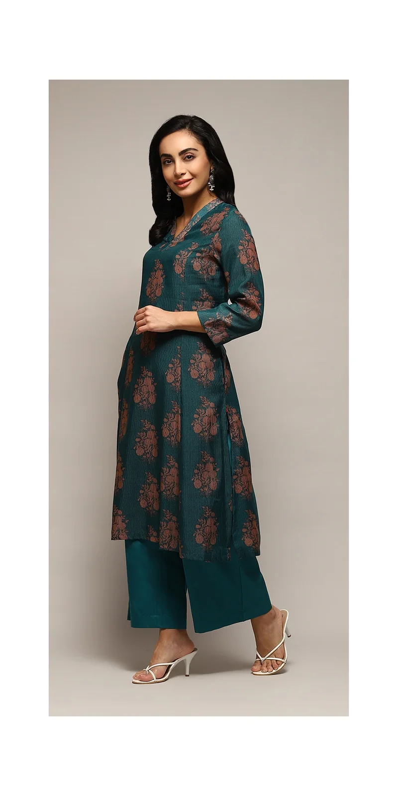 Biba Teal Green Polyester A-Line Printed Kurta Palazzo Suit Set for Women | Best Price UAE