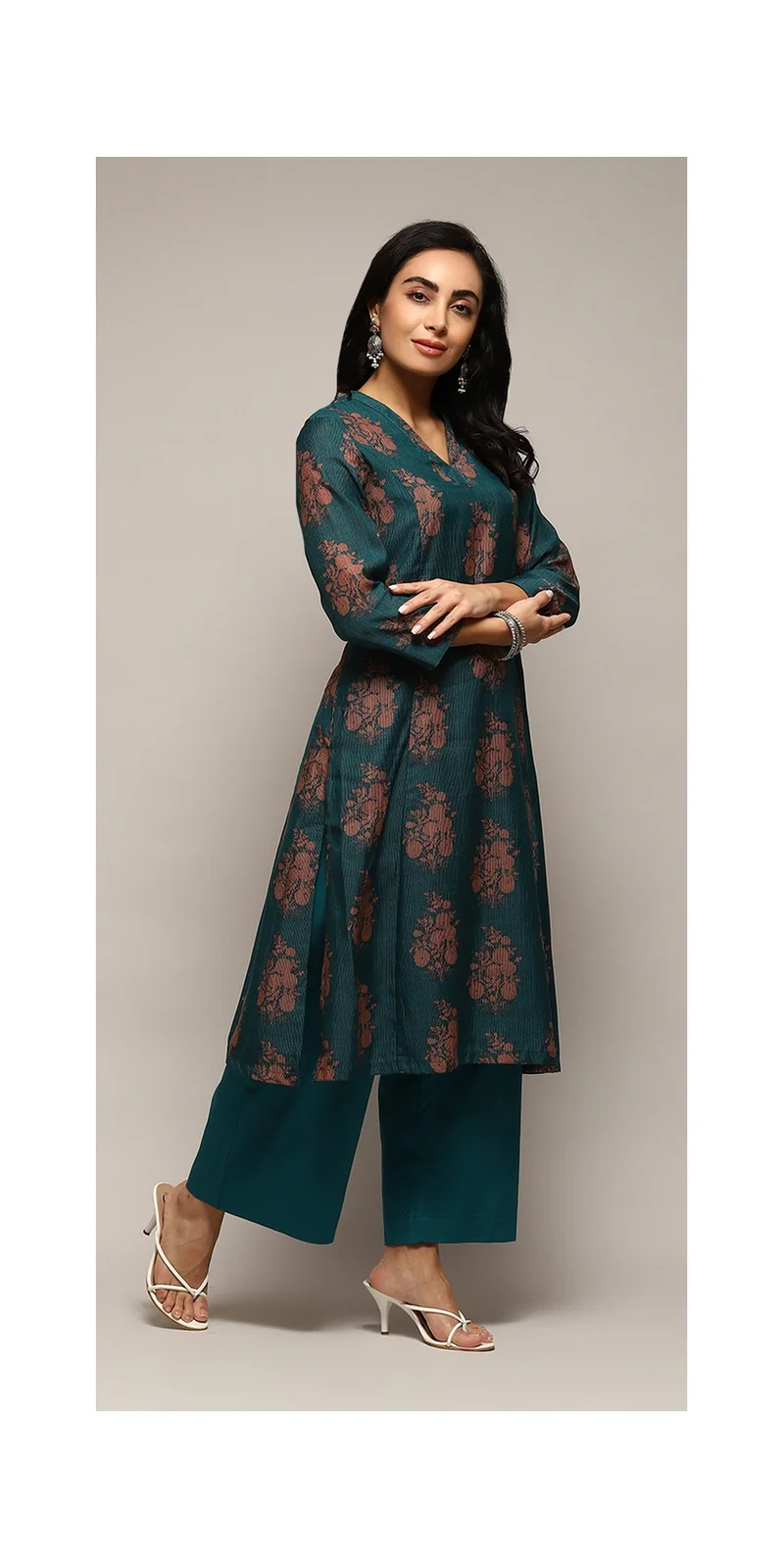 Biba Green Polyester A-Line Printed Kurta Palazzo Suit Set