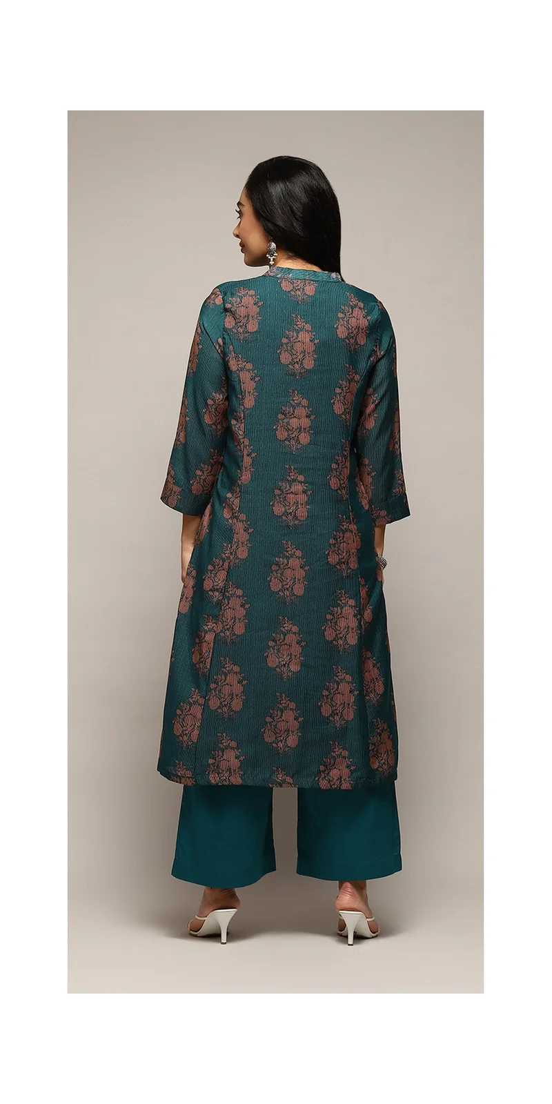 Biba Teal Green Polyester A-Line Printed Kurta Palazzo Suit Set for Women | Best Price UAE