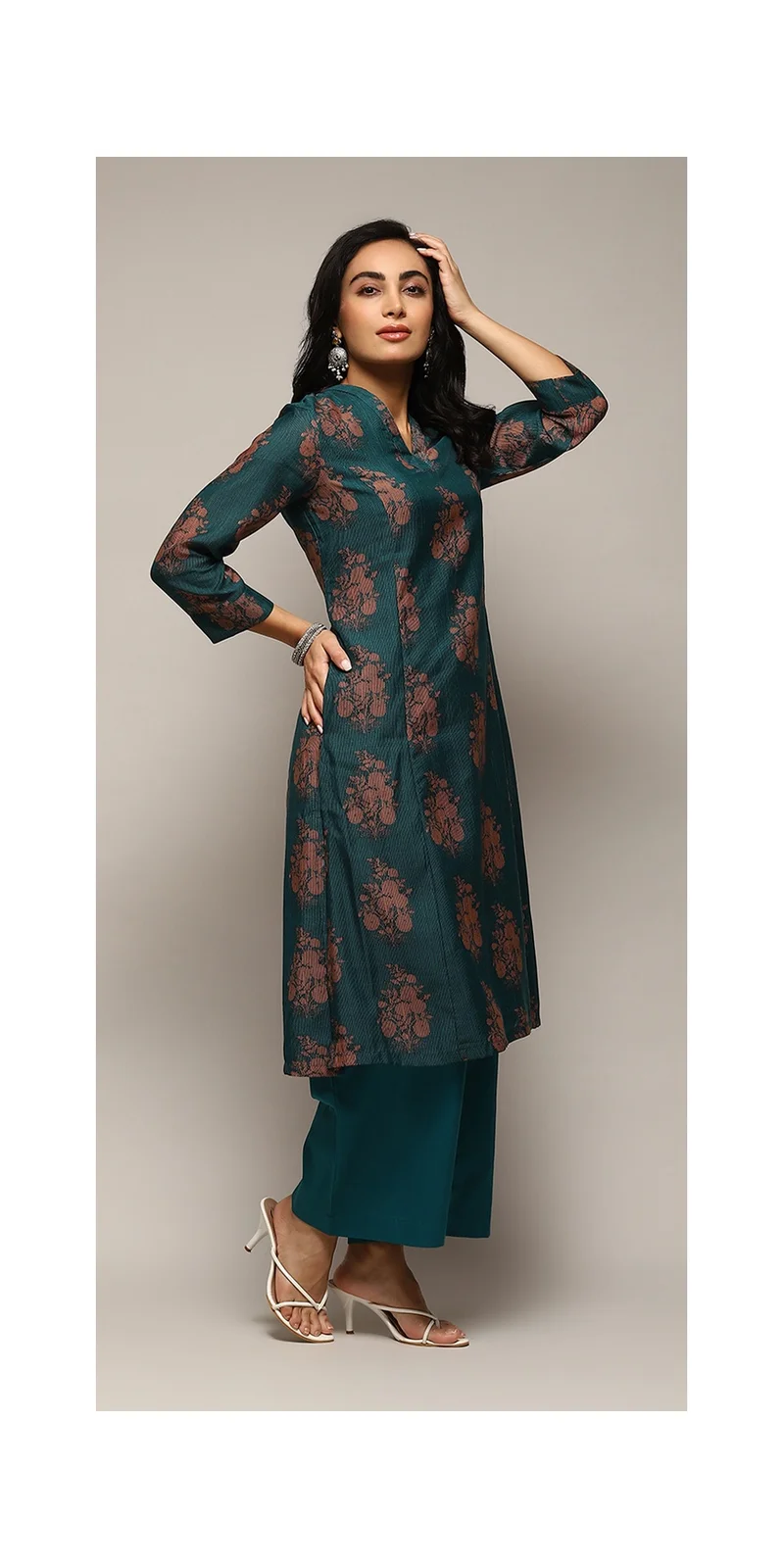 Biba Teal Green Polyester A-Line Printed Kurta Palazzo Suit Set for Women | Best Price UAE