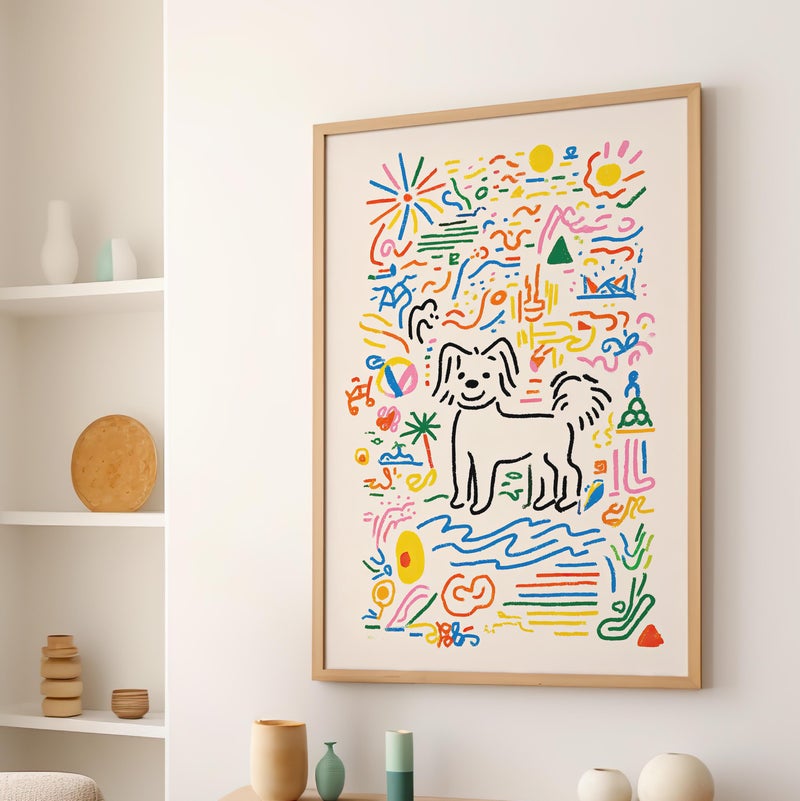 TNESSENTIAL Colorful Dog Doodle Portrait Poster or Canvas Print, Whimsical Summer Art, Funny Dog Illustration, Beach Vibes Modern Playful Kids Wall Art - Image 1