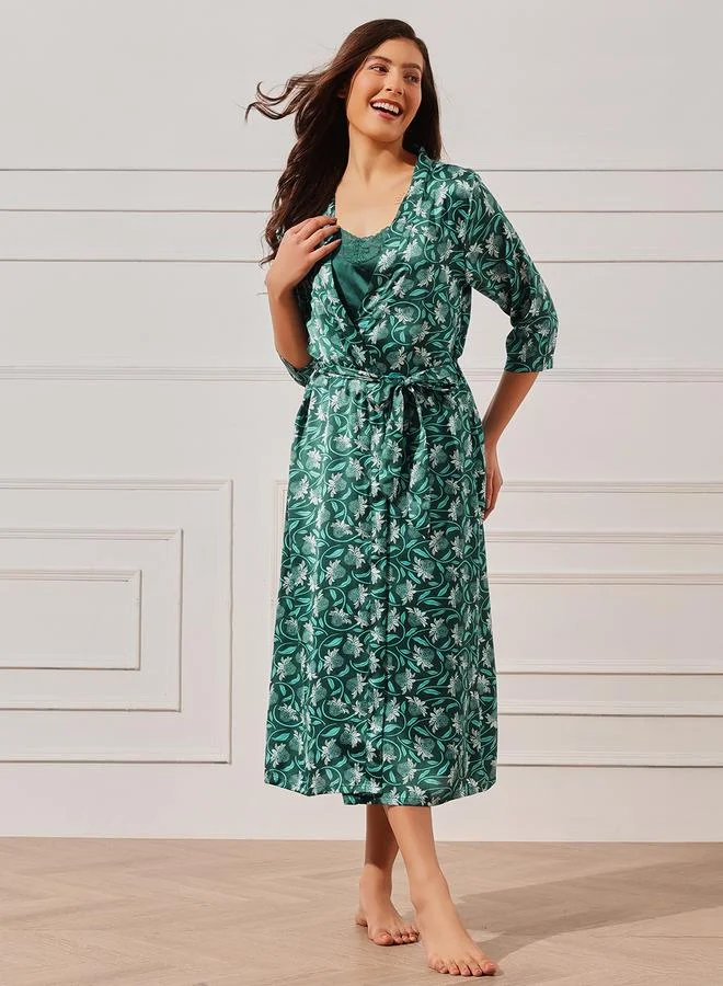 Clovia Pack of 2 - Solid Satin Slip Dress and Floral Robe Set