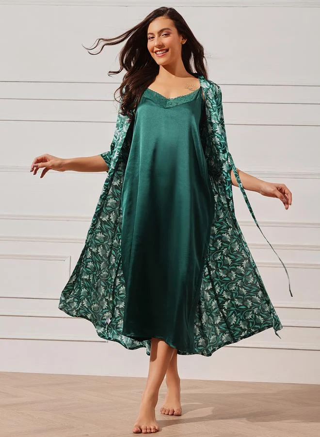 Clovia Pack of 2 - Solid Satin Slip Dress and Floral Robe Set