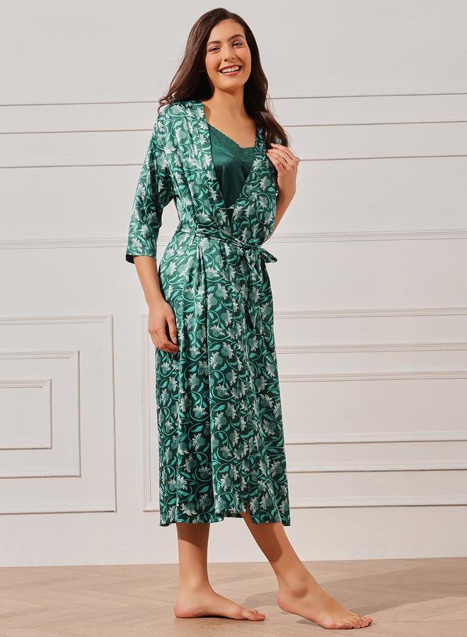 كلوفيا طقم روب أزهار وقميص نوم ساتان سادة قطعتين - Image 5