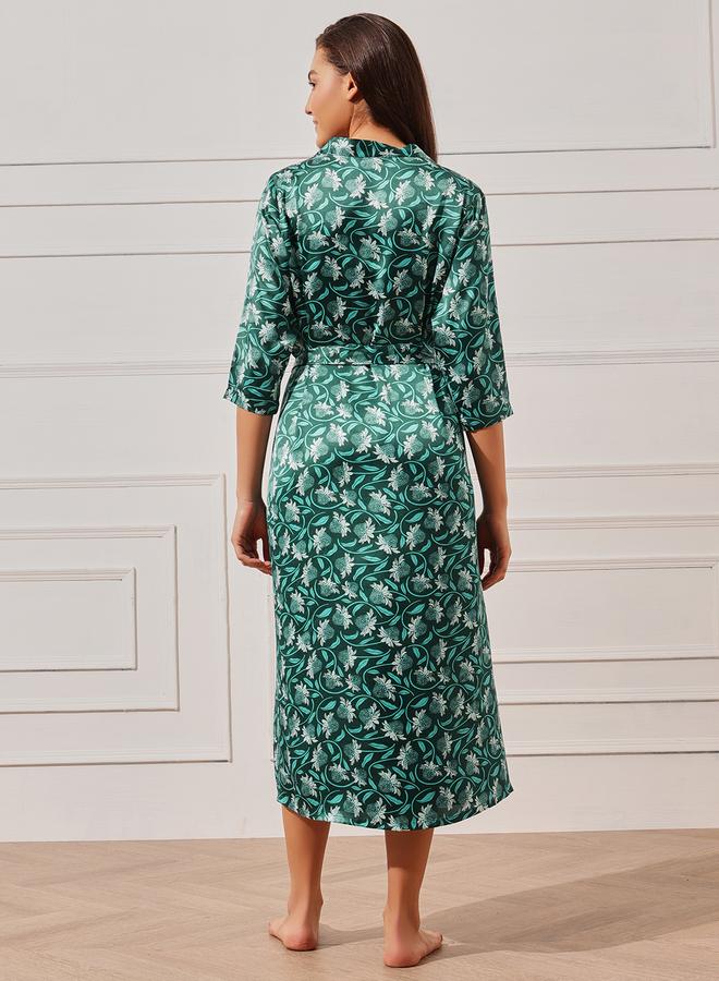 كلوفيا طقم روب أزهار وقميص نوم ساتان سادة قطعتين - Image 4