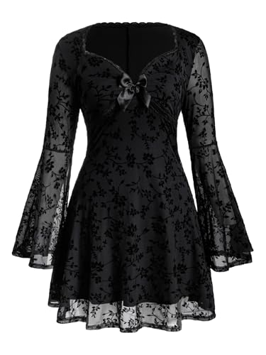 BEAUDRM Women's Y2k Plus Size Hippie Vintage Boho Dress Leopard Bell Long Sleeve V Neck Bow Mesh Goth Mini Dresses Black Floral 3X-Large Plus - Image 1