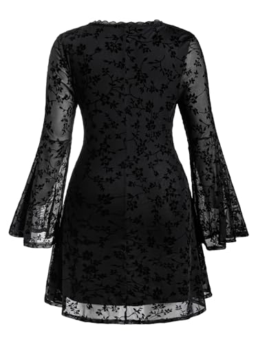 BEAUDRM Women's Y2k Plus Size Hippie Vintage Boho Dress Leopard Bell Long Sleeve V Neck Bow Mesh Goth Mini Dresses Black Floral 3X-Large Plus - Image 2