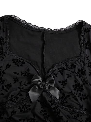 BEAUDRM Women's Y2k Plus Size Hippie Vintage Boho Dress Leopard Bell Long Sleeve V Neck Bow Mesh Goth Mini Dresses Black Floral 3X-Large Plus - Image 4