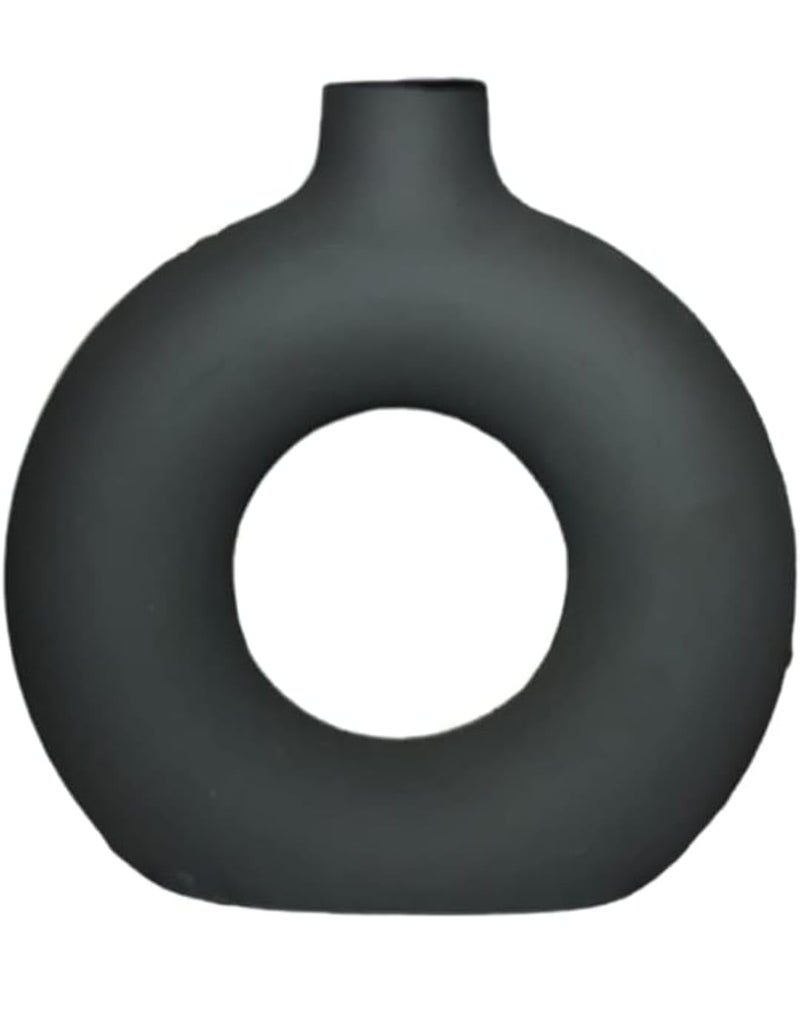 ARTISANS BAZAR Donut VaseFlower VasePampas Grass VaseCeramic VaseRound Shaped VaseHome Decor CentrepieceDecor Showpiece Donut 8 Inches Black - Image 1