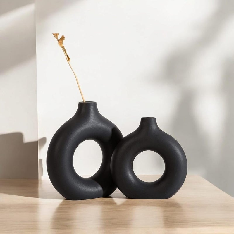 ARTISANS BAZAR Donut VaseFlower VasePampas Grass VaseCeramic VaseRound Shaped VaseHome Decor CentrepieceDecor Showpiece Donut 8 Inches Black - Image 2