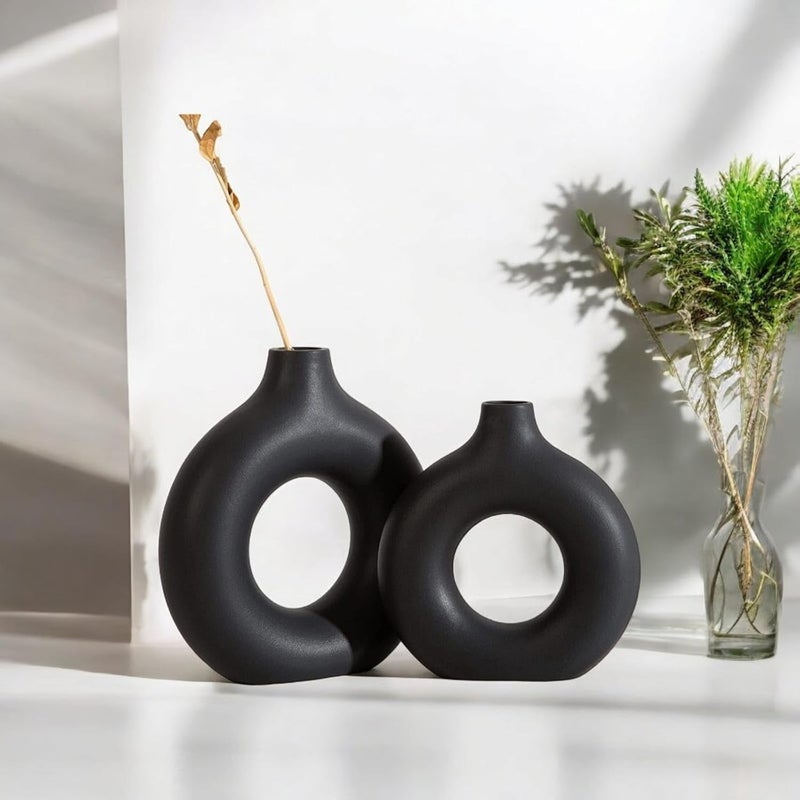 ARTISANS BAZAR Donut VaseFlower VasePampas Grass VaseCeramic VaseRound Shaped VaseHome Decor CentrepieceDecor Showpiece Donut 8 Inches Black - Image 3