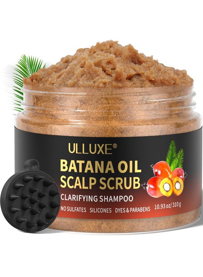 ulluxe Scalp Scrub, Batana Oil Scalp Exfoliator 2-in-1 Clarifying Shampoo with Rosemary Mint, Hair Care Scalp Cleanser for Itchy Oily Scalp, Removes Build Up & Dandruff, Includes Scalp Massager, 10.93 oz - Image 1