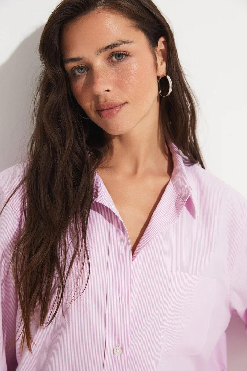 جون Loose Cut Pink Striped Cotton Shirt