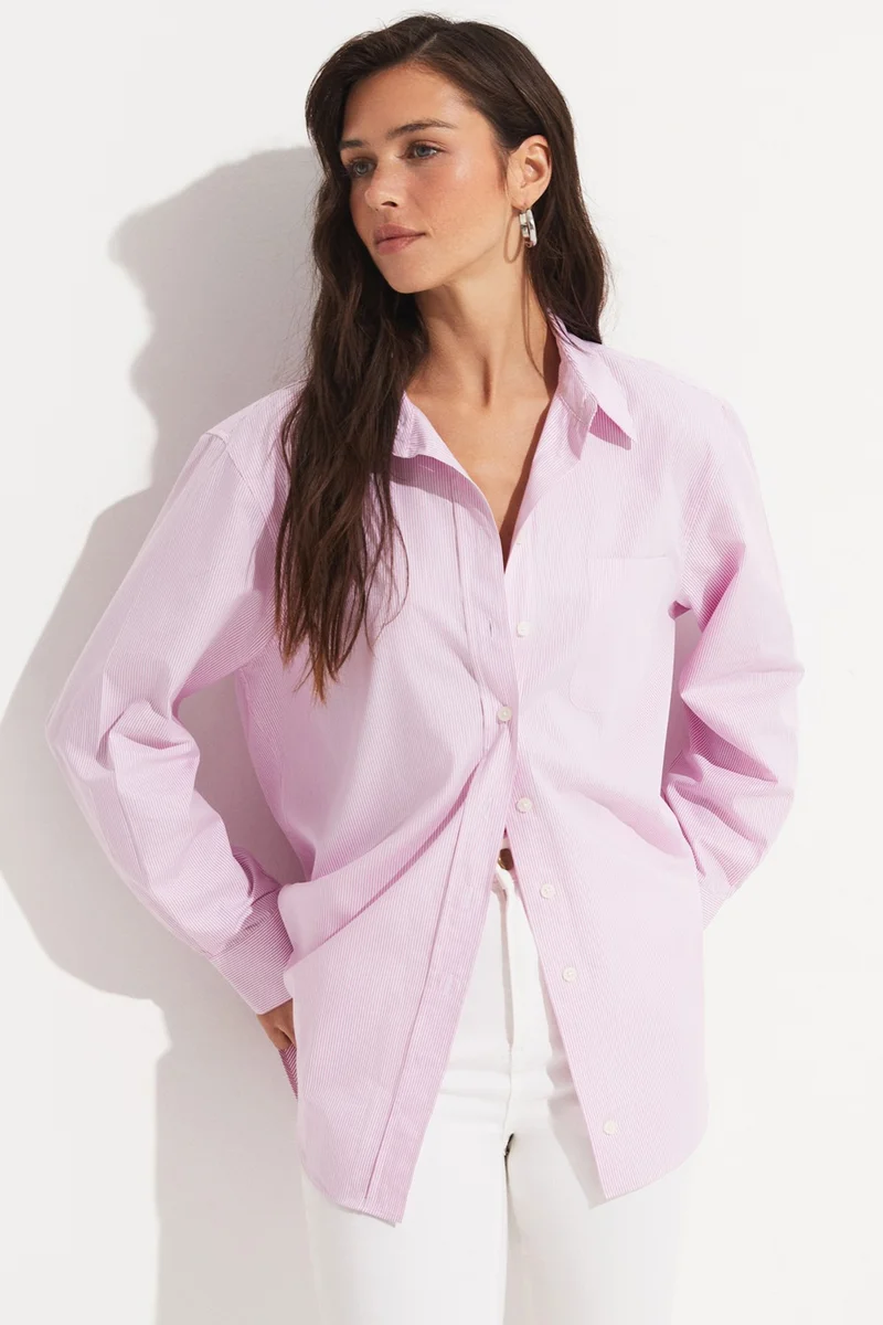جون Loose Cut Pink Striped Cotton Shirt
