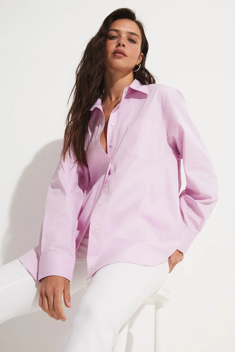 جون Loose Cut Pink Striped Cotton Shirt