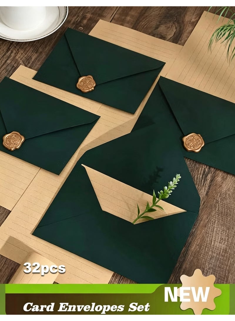 ظروف بطاقات هدايا 32 قطعة، طقم كتابة رسائل بأسلوب كلاسيكي – 6 أظرف + 20 ورقة كتابة + 6 ملصقات ختم شمع للرسائل والدعوات وحفلات الزفاف والهدايا – حرف فنية فنية (أخضر داكن) - Image 1