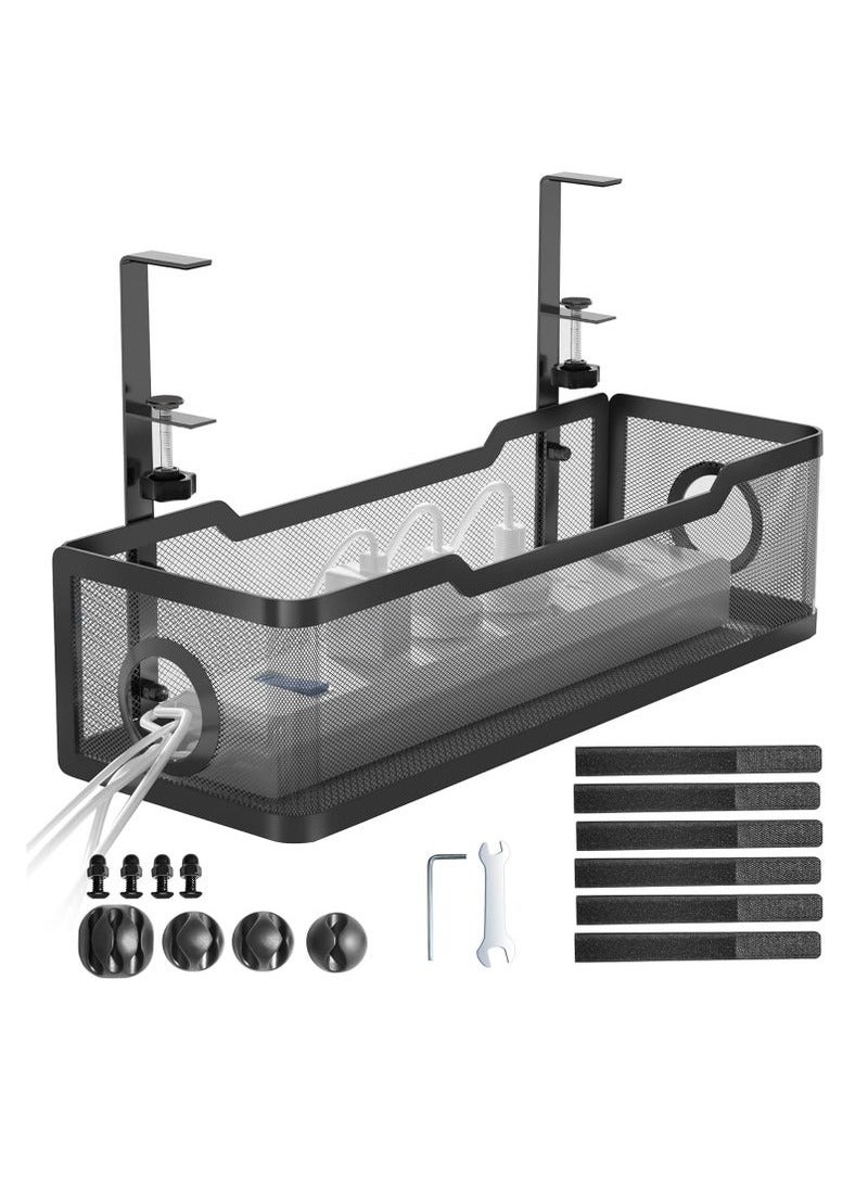 Arabest Under Desk Cable Management Tray, Metal Long Arms(3.9in), No Drill Mesh Desk Cable Tray, Wire Management Tray Cable Management Box for Office, Desk Cable Tray Wire Organizer, 1 Pack, Black - Image 1