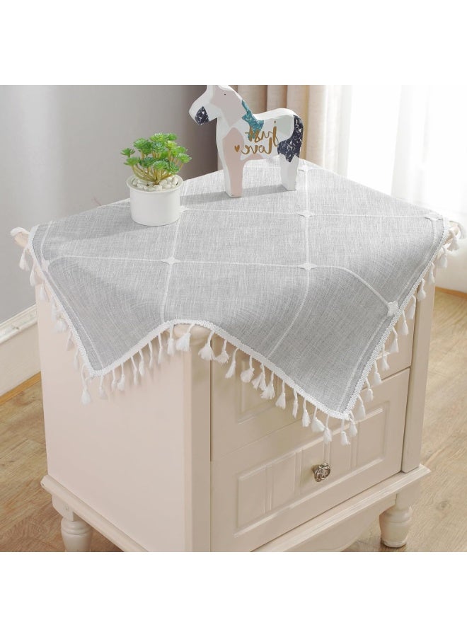 Cotton Linen Square Tablecloth with Tassel, Grey Lattice Pattern, 24x24 Inch - Image 1