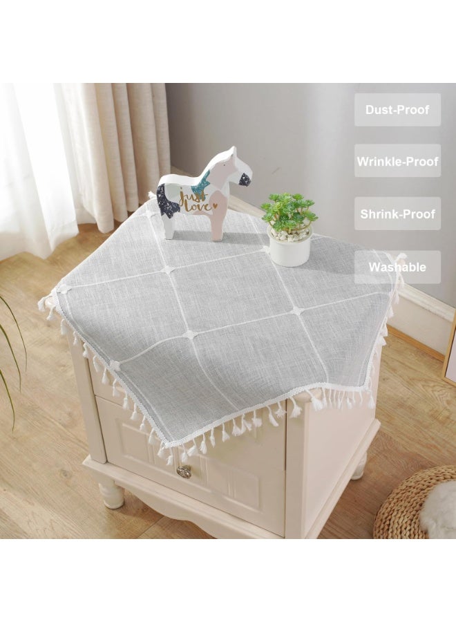 Cotton Linen Square Tablecloth with Tassel, Grey Lattice Pattern, 24x24 Inch - Image 4