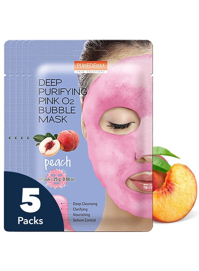 Purederm Deep Purifying Pink O2 Bubble Mask Peach (5 Pack) – Bubble Face Sheet Mask for Purifying & Moisturizing - Image 1