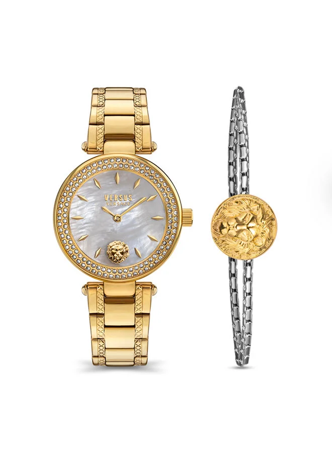 VERSUS VERSACE VERSUS BRICK LANE CRYSTAL COLLECTION LADIES WATCH 36 MM WITH WHITE-SILVER DIAL AND YELLOW GOLD TONE STAINLESS STEEL BRACELET