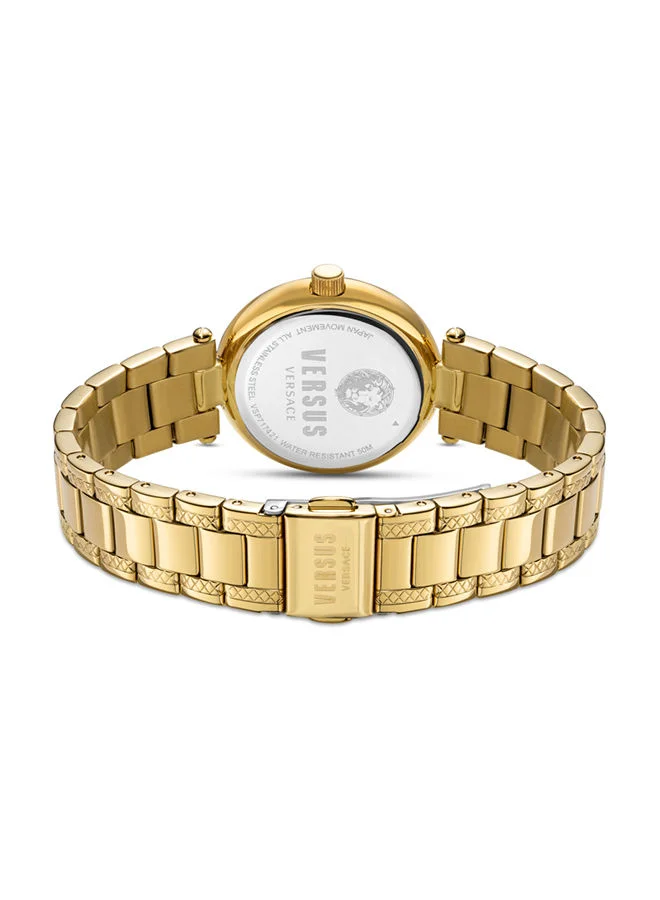 VERSUS VERSACE VERSUS BRICK LANE CRYSTAL COLLECTION LADIES WATCH 36 MM WITH WHITE-SILVER DIAL AND YELLOW GOLD TONE STAINLESS STEEL BRACELET