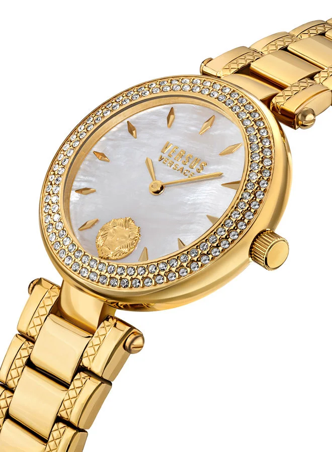 VERSUS VERSACE VERSUS BRICK LANE CRYSTAL COLLECTION LADIES WATCH 36 MM WITH WHITE-SILVER DIAL AND YELLOW GOLD TONE STAINLESS STEEL BRACELET
