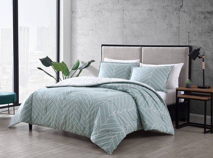 KING COMFORTER SET REVERSIBLE COTTON BEDDING WITH MATCHING SHAMS MODERN BEDDING SET CERES MINT KING