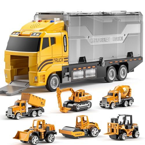TEMI Construction Truck Set with Play Mat Carrier Truck Toys for Kids Toddlers DieCast Metal Toy Car Set Christmas Birthday Gift for Age 3 4 5 6  Years Old Boys Girls - Image 1