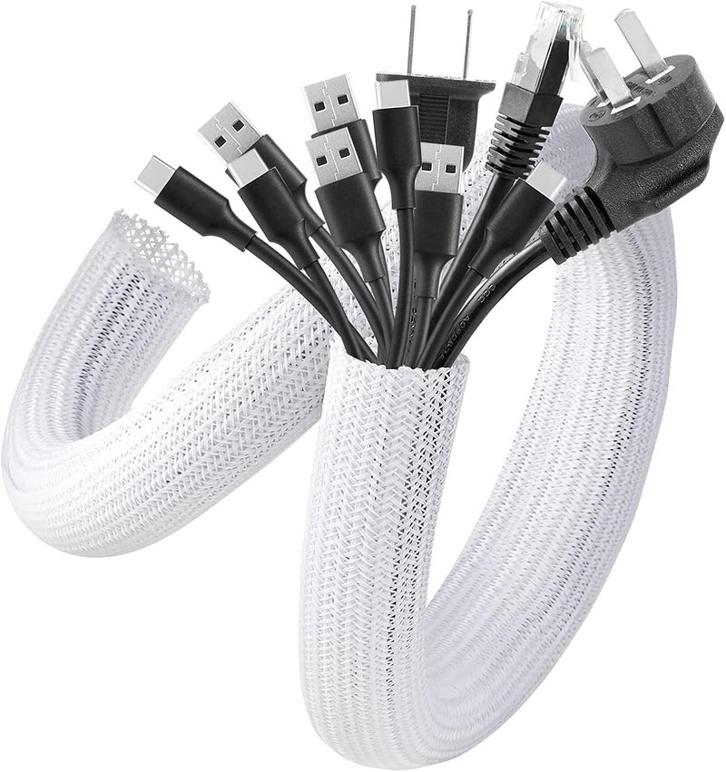 AGPTEK Cable Sleeve, 2Pack 5ft - 1.6 inch Cable Management Desk Cord Cover Organizer Wire Hider for Home Office Computer TV Wire Loom Tubing Pet Proof Cord Protector from Cat Dog Chewing, White - Image 1