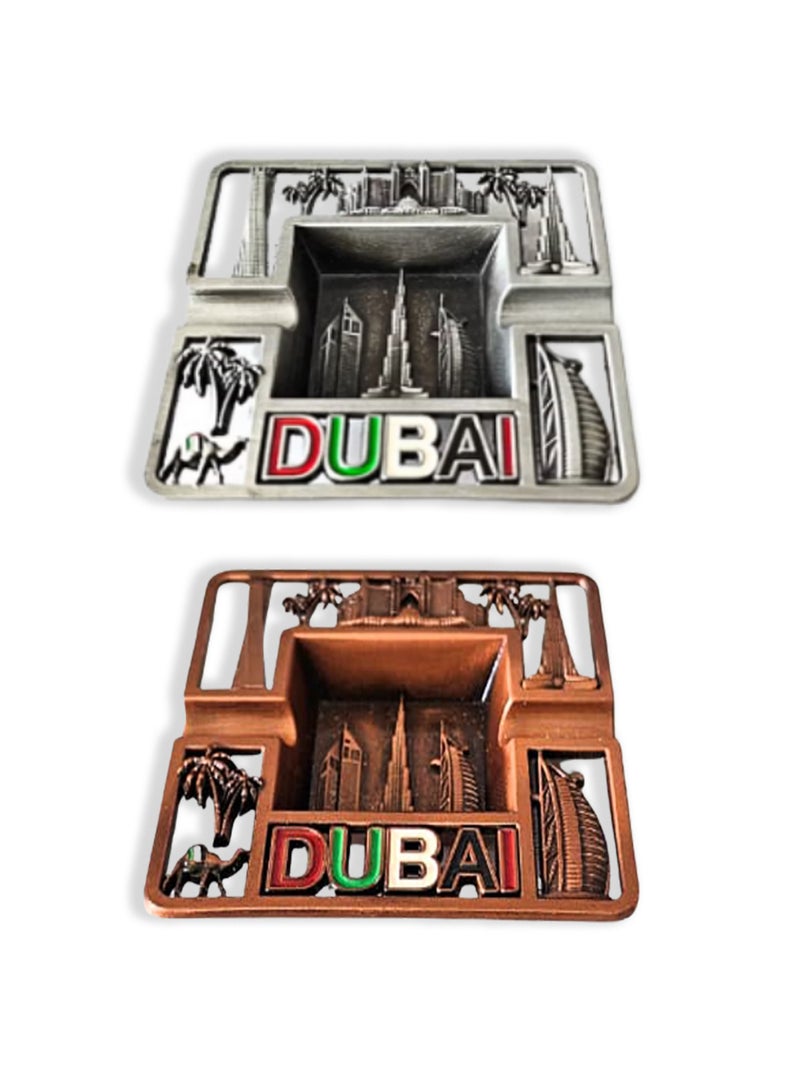 Souvenir Souq 2pcs Premium  Metal Ashtray Dubai | Zinc Alloy | UAE Flag Colors with Iconic Dubai Skylines, Copper & Antique - Image 1