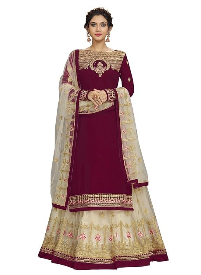 TRENDMALLS طقم بدلة نسائية من قماش جورجيت شبكي مطرز، مكون من قميص وتنورة وشال، لون عنابي. - Image 1