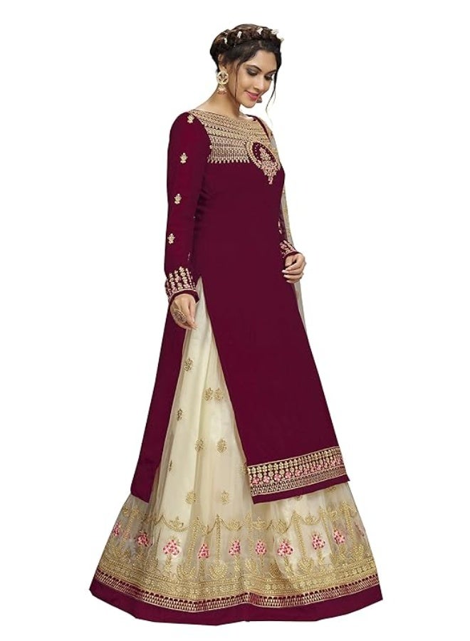 TRENDMALLS طقم بدلة نسائية من قماش جورجيت شبكي مطرز، مكون من قميص وتنورة وشال، لون عنابي. - Image 3