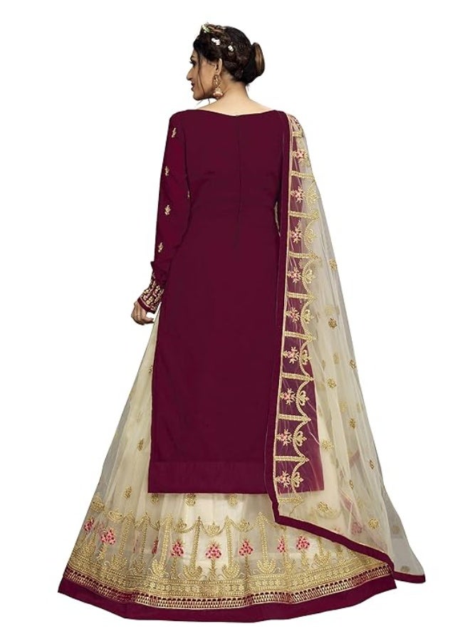 TRENDMALLS طقم بدلة نسائية من قماش جورجيت شبكي مطرز، مكون من قميص وتنورة وشال، لون عنابي. - Image 4