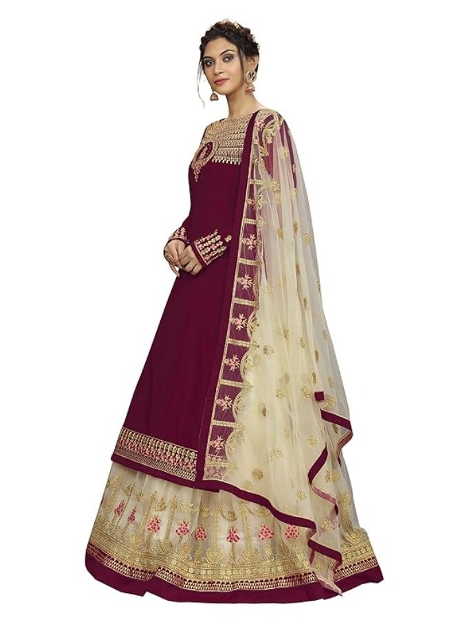 TRENDMALLS طقم بدلة نسائية من قماش جورجيت شبكي مطرز، مكون من قميص وتنورة وشال، لون عنابي. - Image 2