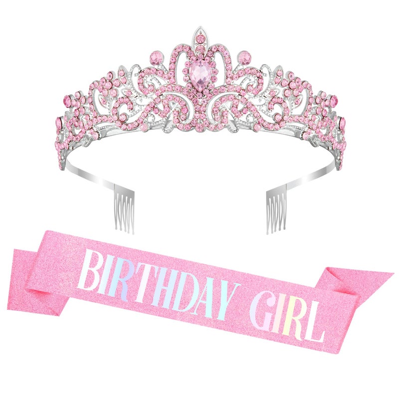 Coopyin Birthday Sash and Crown for Women Girls Pink Birthday Girls Sash Costume Tiara Headband Queen Princess Crown Sparkly Pink Hair Accessories Decorations Set Party Favors - Image 1