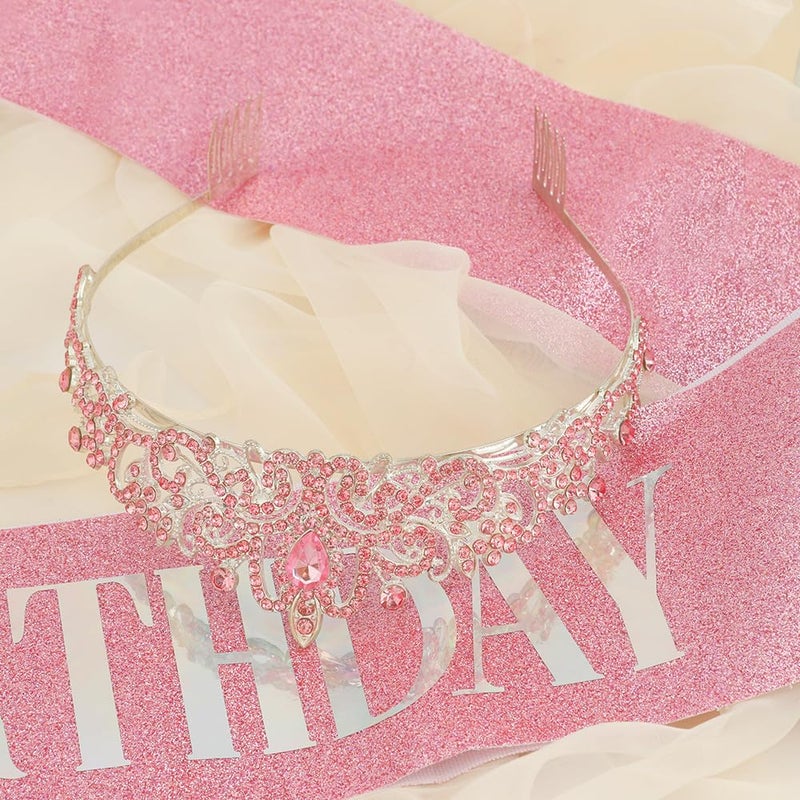 Coopyin Birthday Sash and Crown for Women Girls Pink Birthday Girls Sash Costume Tiara Headband Queen Princess Crown Sparkly Pink Hair Accessories Decorations Set Party Favors - Image 4