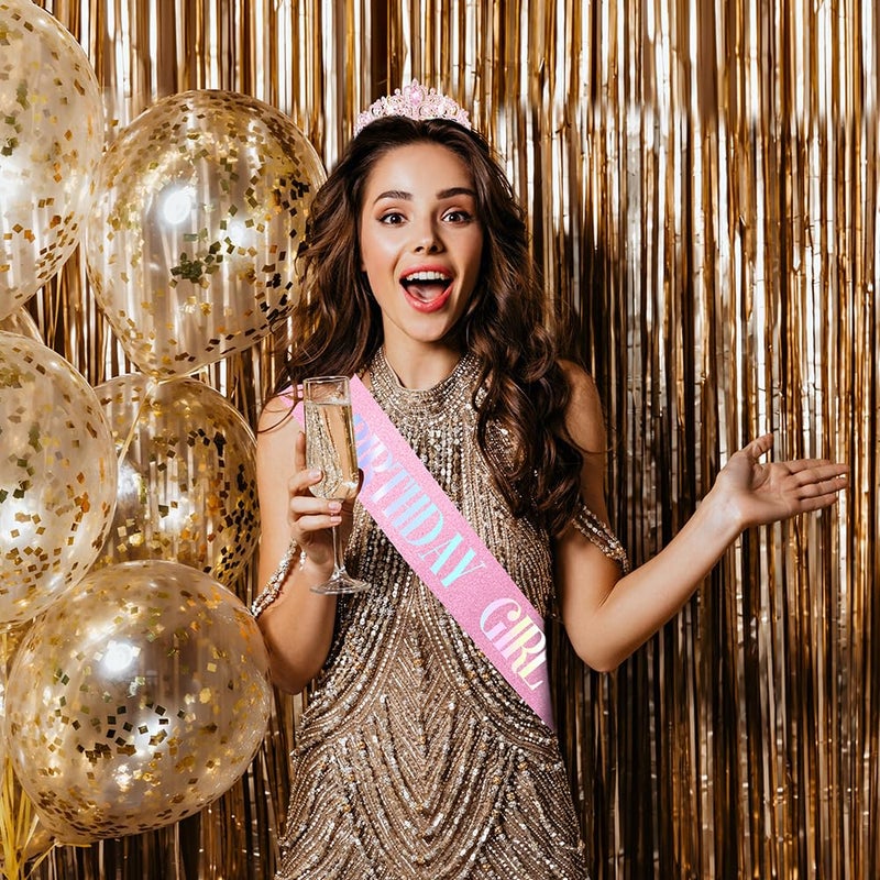 Coopyin Birthday Sash and Crown for Women Girls Pink Birthday Girls Sash Costume Tiara Headband Queen Princess Crown Sparkly Pink Hair Accessories Decorations Set Party Favors - Image 3
