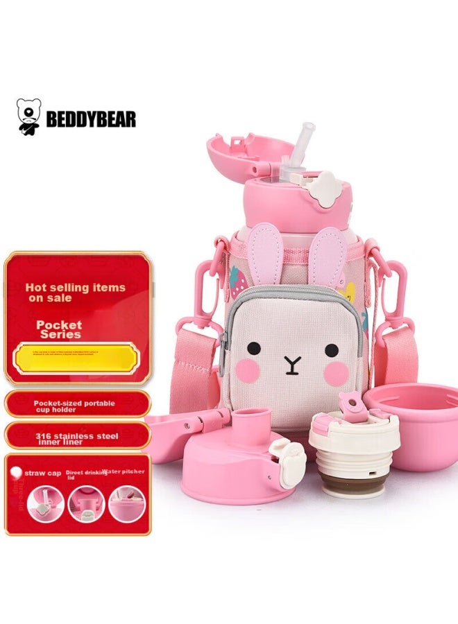 Beddybear Four-leaf Clover Children's Insulated Cup With Four Lids, Three-way Straw Water Bottle, 316 Stainless Steel Student Cup, 630ml Cute Rabbit Design - Image 5