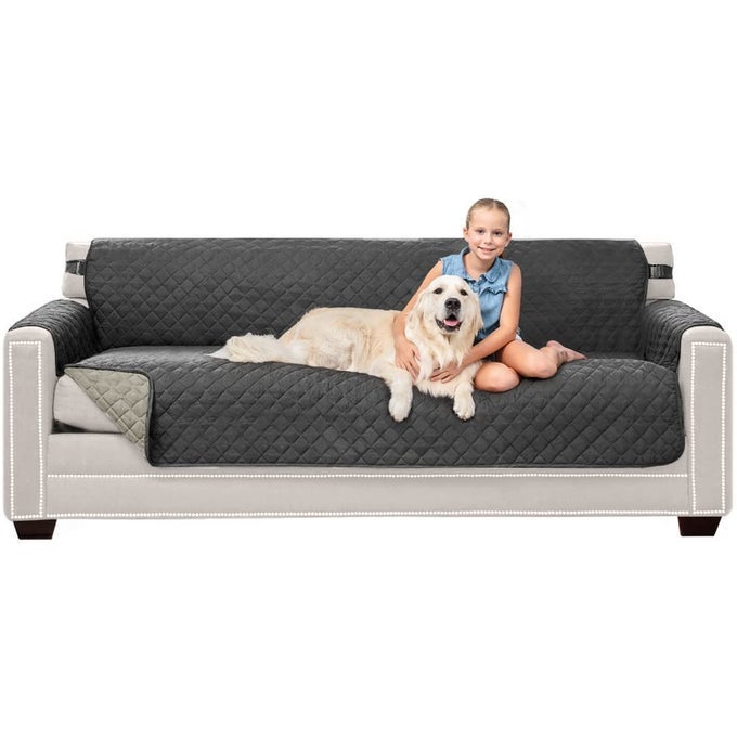 COUCH SLIP COVER WITH PATENTED STRAP CUSHION PROTECTOR US DESIGNED REVERSIBLE STAIN AND DOG TEAR RESISTANT SLIPCOVER 78 INCH SEAT WASHABLE COVERS FOR DOGS PETS CHARCOAL LINEN