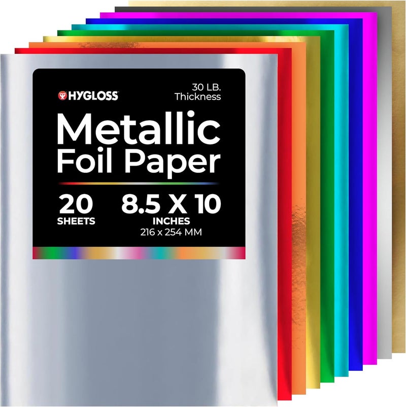 Hygloss Metallic Foil Paper - 20 Sheets of 8.5" x 10" in 10 Assorted Colors for Arts & Crafts - Image 1